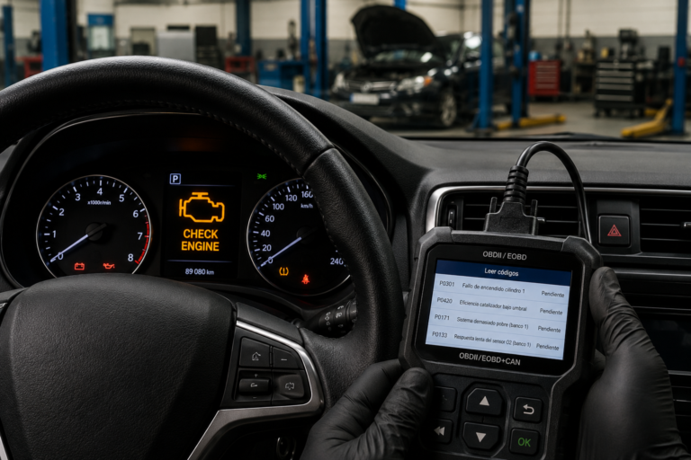Luz Check Engine encendida en el tablero de un auto
