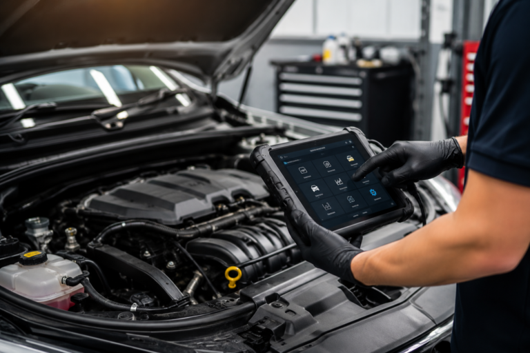 Técnico usando un scanner automotriz para diagnosticar un vehículo